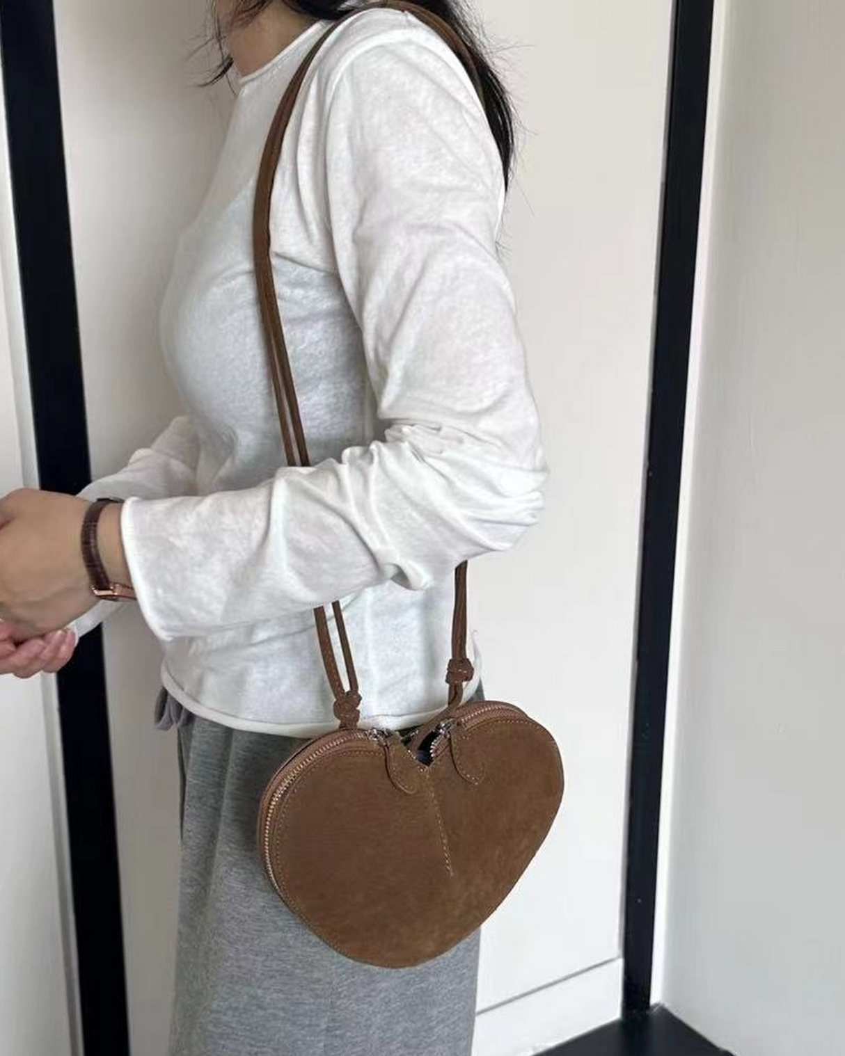 Vintage Heart Shape Faux Suede Crossbody Bag