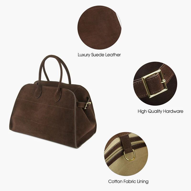 Donna-in Natural Suede Handbag for Women Nubuck Cow Leather Large Capacity Casual Tote Bag Solid Commute