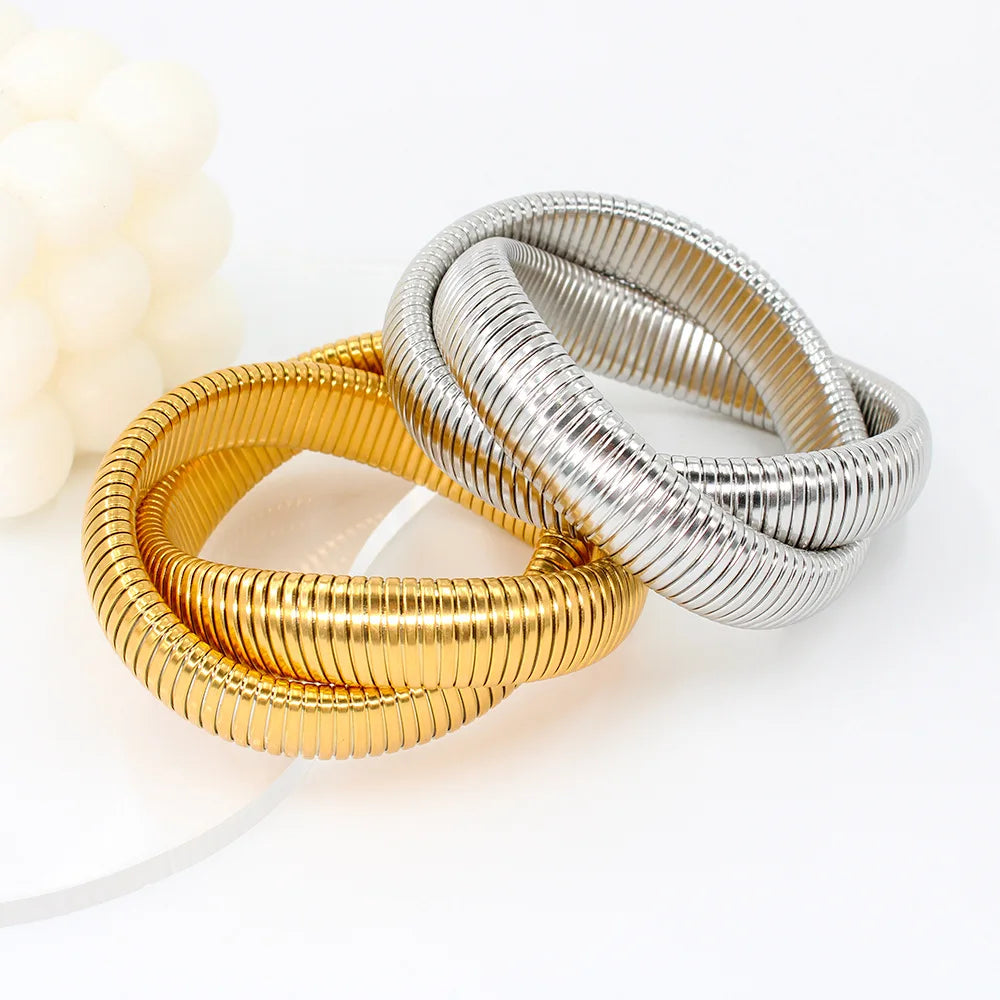 Stainless Steel Two Three Laps Winding Stretch Elastic Bracelet for Women Gold Plating Kpop Gift