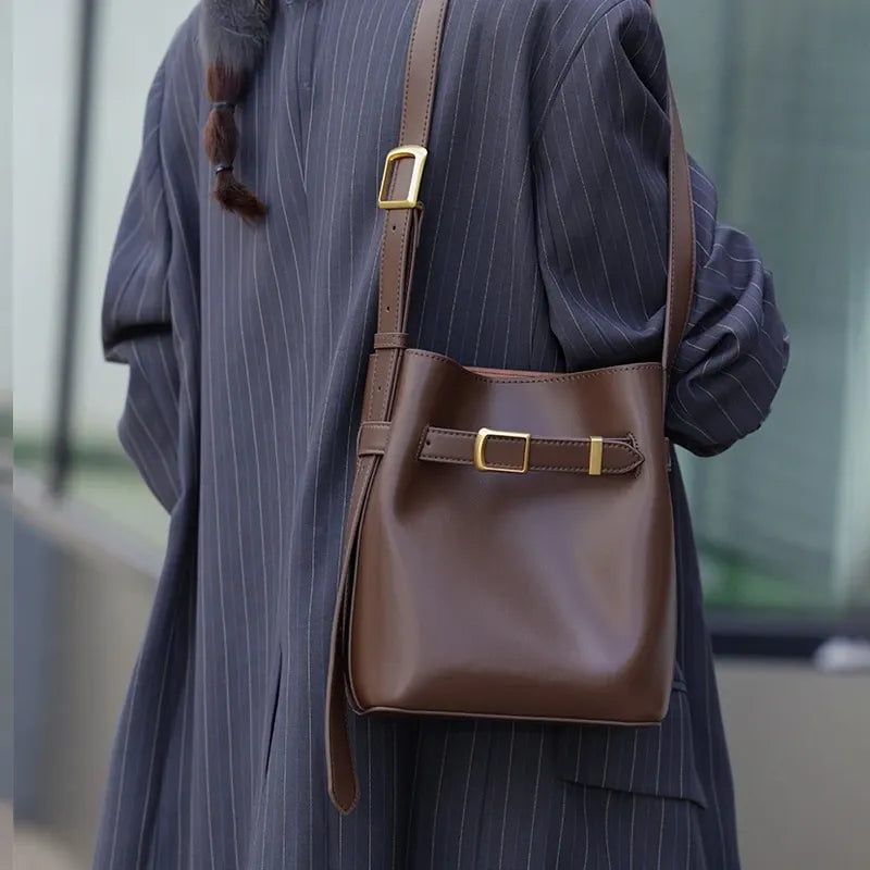 Vintage Genuine Leather Bucket Shoulder Bag