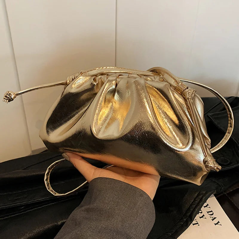 Small Luxury Design Women's Soft PU Leather Gold Silver Cloud Hobo Bag Elegant Dressy Handbag Ruched Dumpling Party Clutch Purse