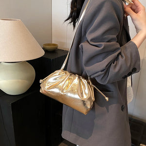 Small Luxury Design Women's Soft PU Leather Gold Silver Cloud Hobo Bag Elegant Dressy Handbag Ruched Dumpling Party Clutch Purse