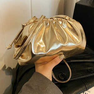 Small Luxury Design Women's Soft PU Leather Gold Silver Cloud Hobo Bag Elegant Dressy Handbag Ruched Dumpling Party Clutch Purse